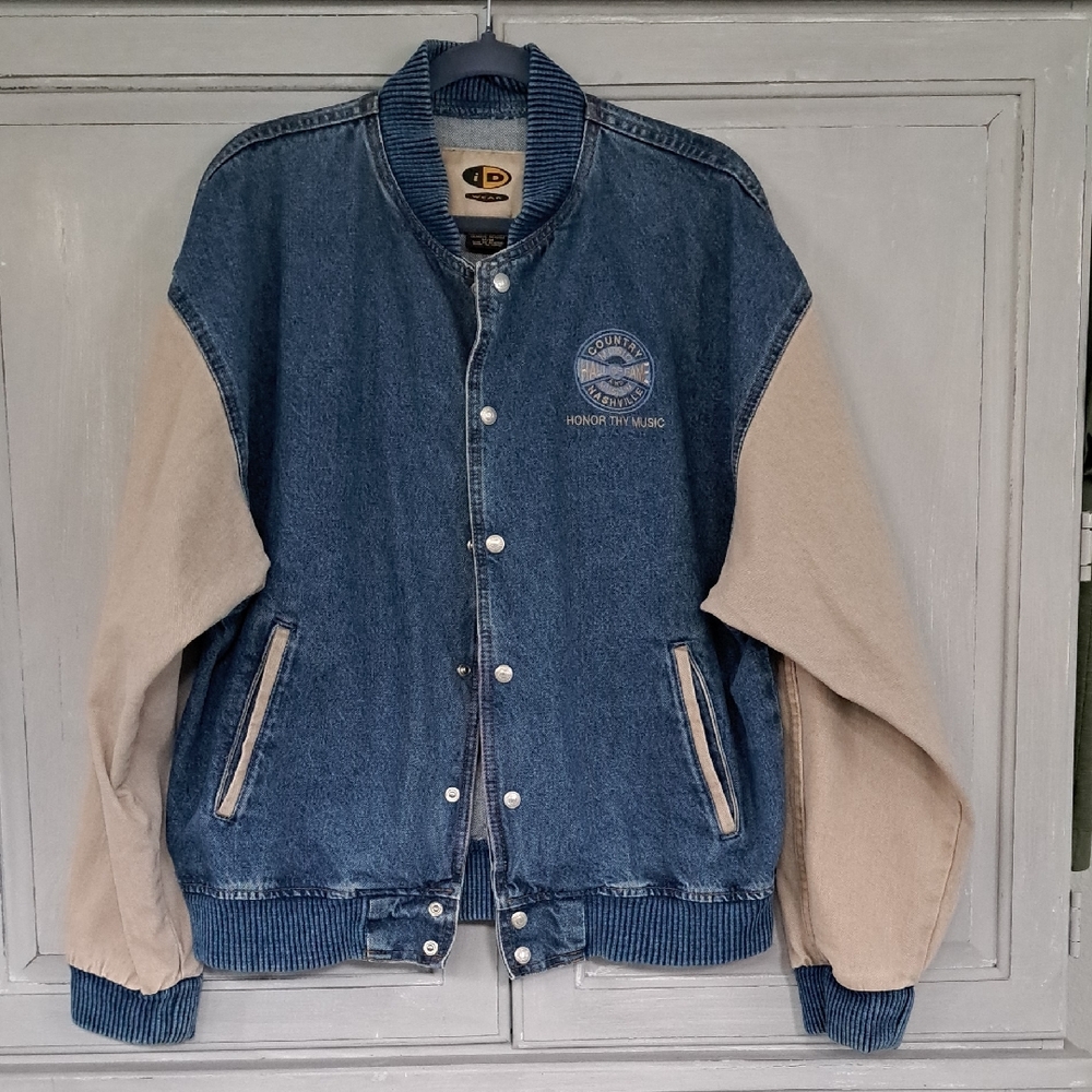 Vintage Denim Jacket with Tan Sleeves